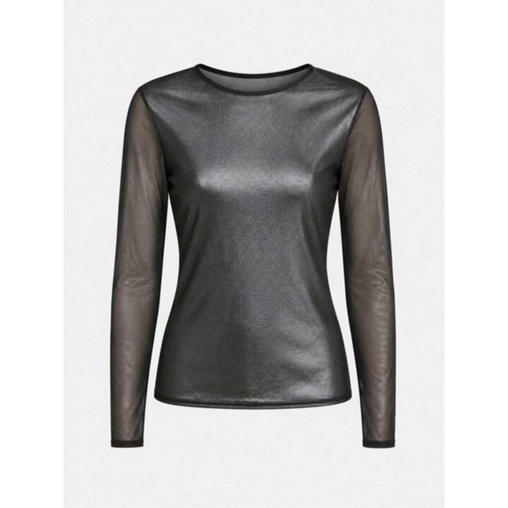 CHEVIGNON Metallic Mesh‎ Long Sleeve Top Women L Silver 063-701G023 Sheer Edgy